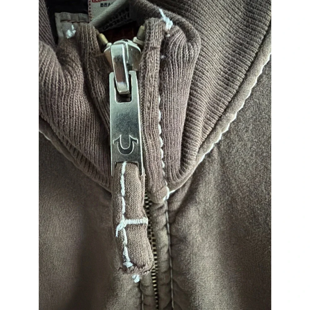 True Religion Mens XXL Brown Big T Stitch Full Zip Track Jacket‎ Sweatshirt Logo